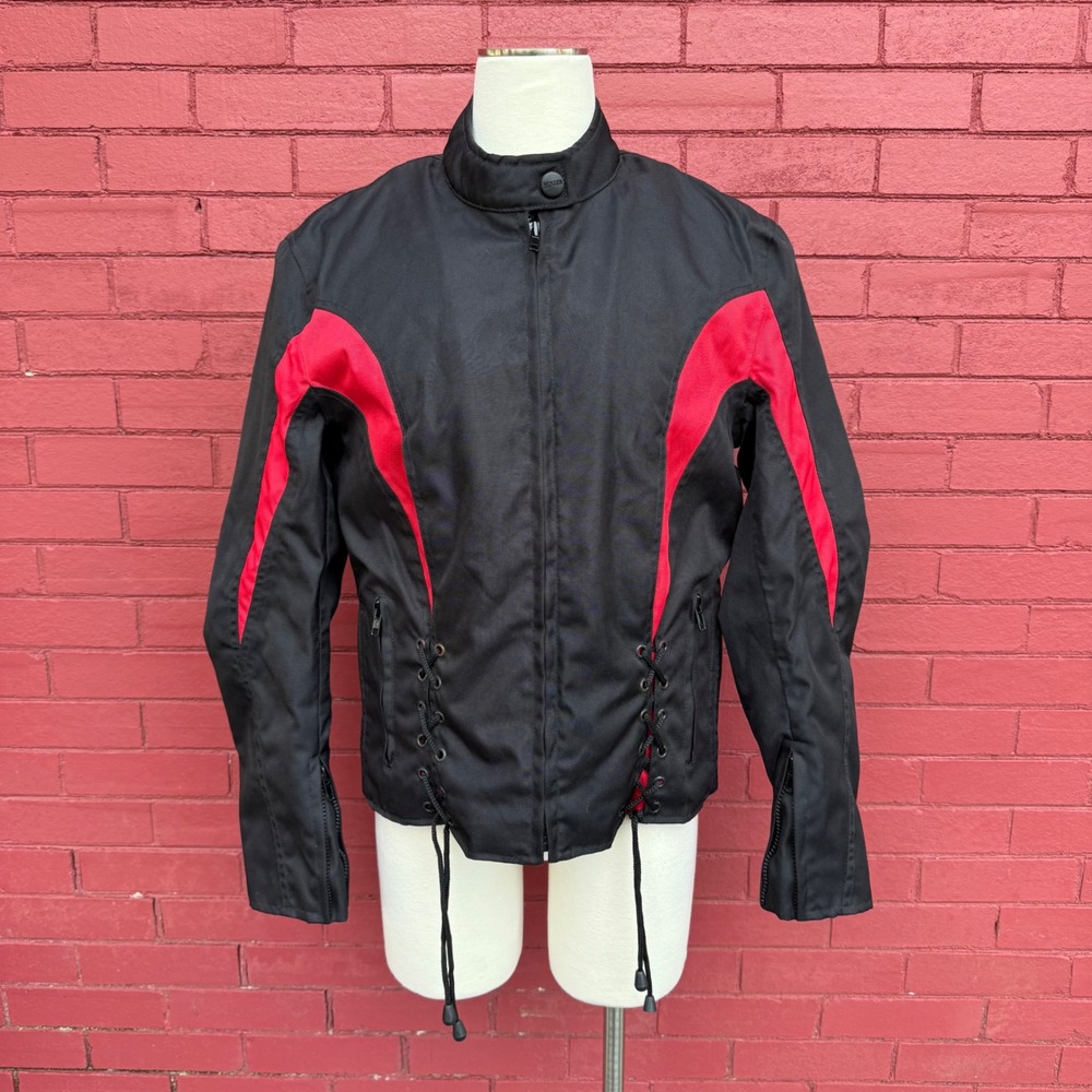 NEXGEN Womens Black Red Motorcycle Jacket Zip Out Liner Lace Up‎ Size Medium